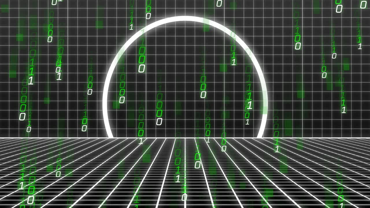 녹색 이진 코드 및 그리드 패턴을 통해 디지털 터널 애니메이션