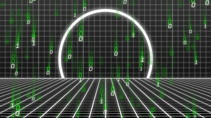 Green binary code and grid patterns over digital tunnel animation