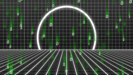 código binario verde y patrones de cuadrícula sobre animación de túnel digital