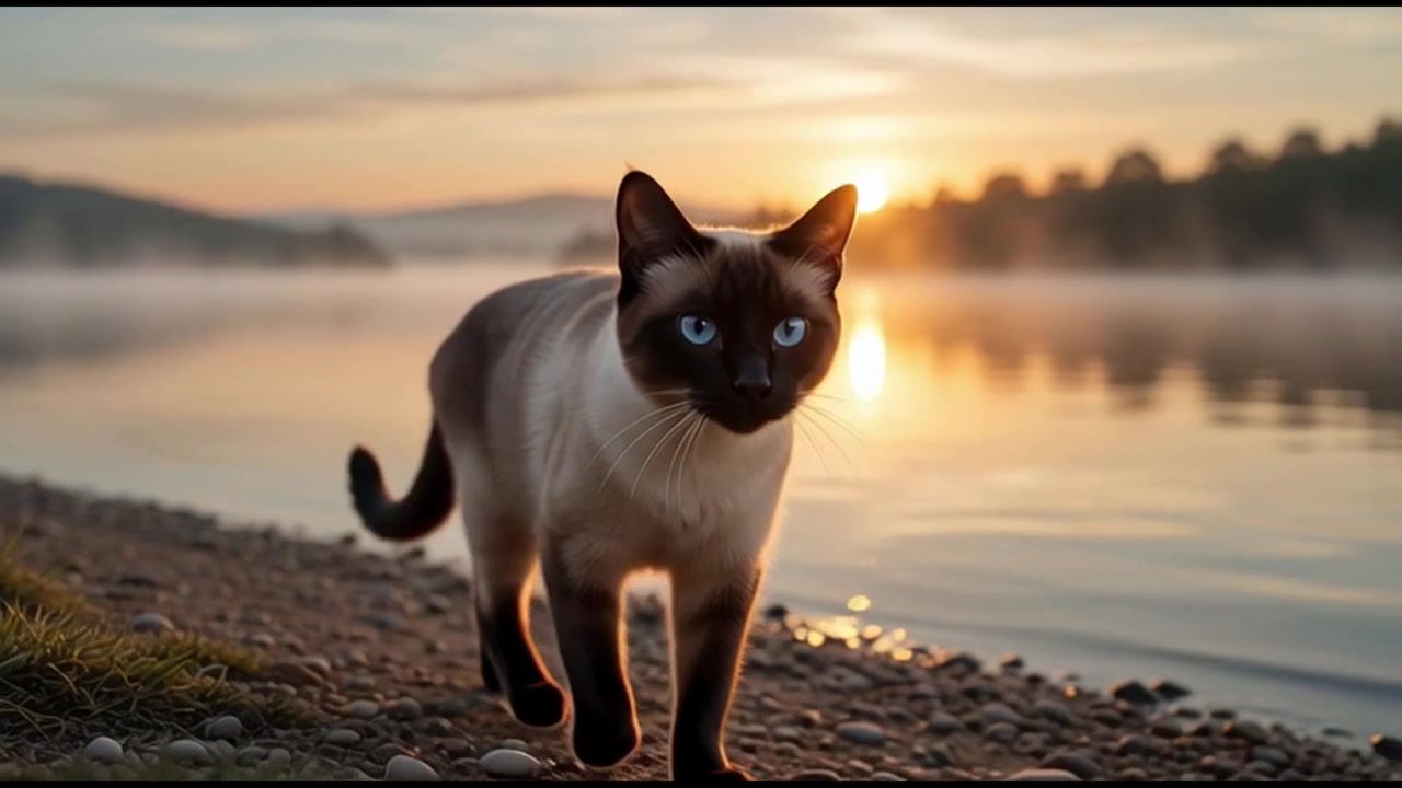 Gatto siamese che cammina lungo una riva nebbiosa del lago all'alba