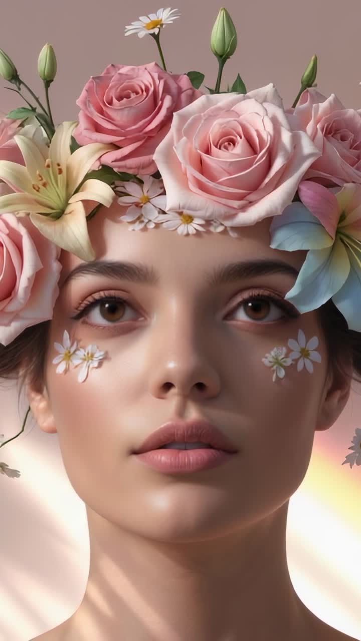 Video verticale: luce da studio che sollecita una modella ad aprire gli occhi con decorazioni a margherita e corona floreale color pastello