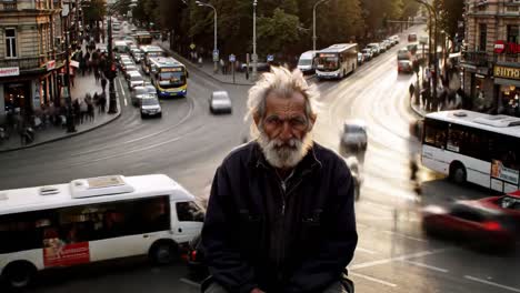 a homeless man sits contemplatively at a bustling urban intersection as buses and cars pass by in the late afternoon light. the vibrant city life contrasts with his stillness.