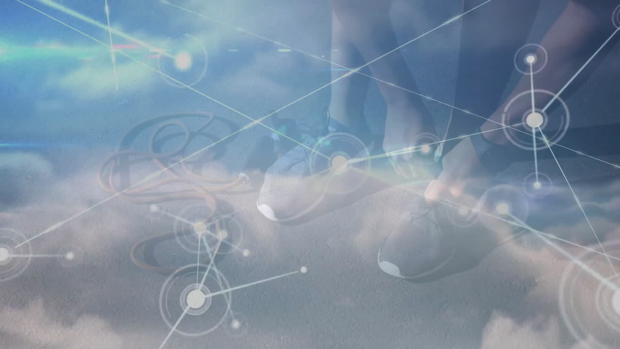male athlete tying shoe laces on beige carpet, with health technology network nodes and jump rope