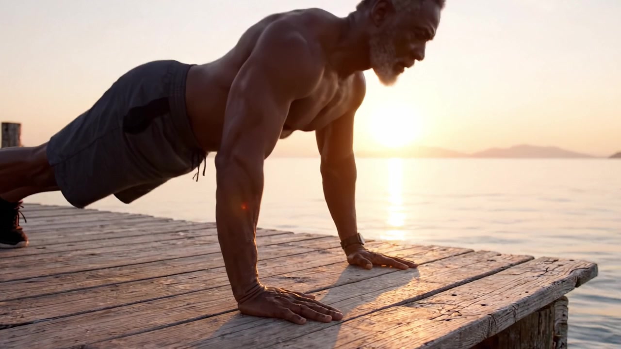 Una sessione di allenamento intensa all'alba: Esecuzione di flessioni in riva all'acqua, combinando fitness e serenità in un bellissimo ambiente esterno.