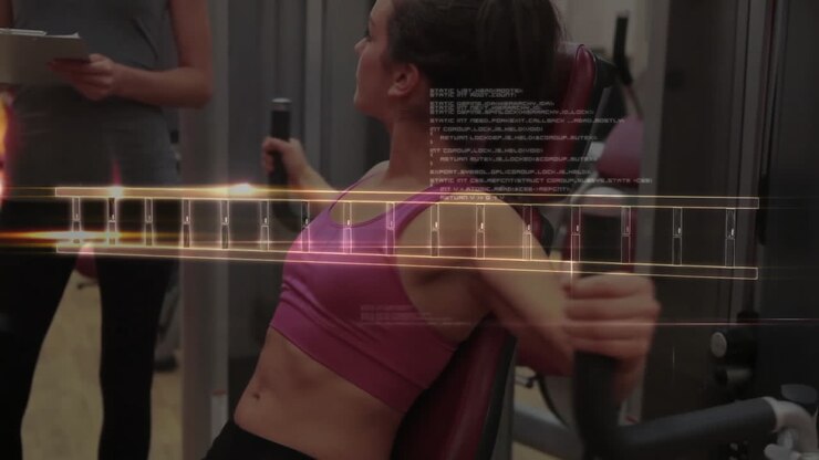 animación de cadena de adn y procesamiento de datos sobre pareja caucásica haciendo ejercicio en el gimnasio