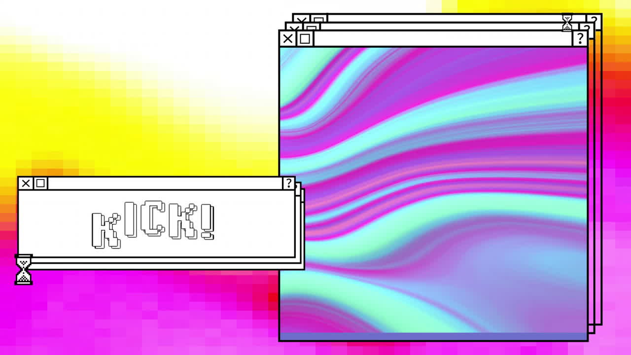 Animation of digital interfaces with kick text and colourful shapes on colourful background