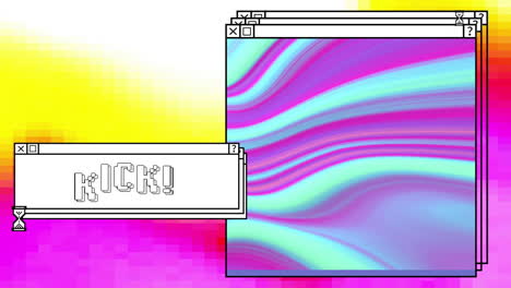 animation of digital interfaces with kick text and colourful shapes on colourful background