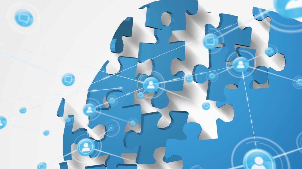 인간의 머릿속에 있는 퍼즐을 통해 연결된 네트워크의 애니메이션