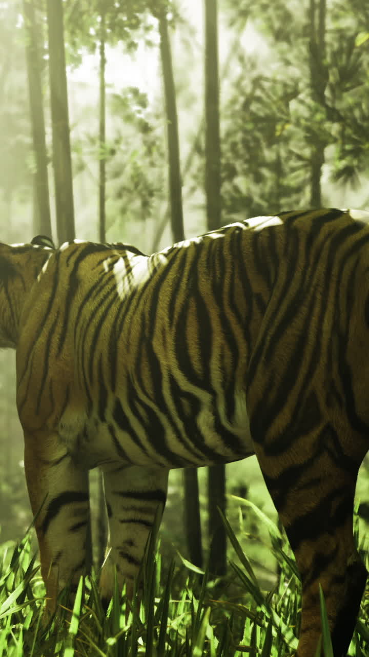 Majestic tiger explores a serene bamboo forest in the early morning light