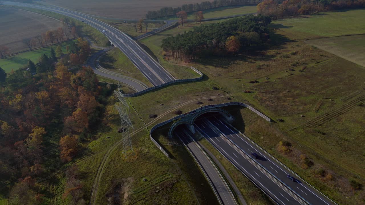 Ecoduct providing safe passage for wildlife over a german autobahn highway, seen from above. Brilliant aerial view flight drone top down Above view