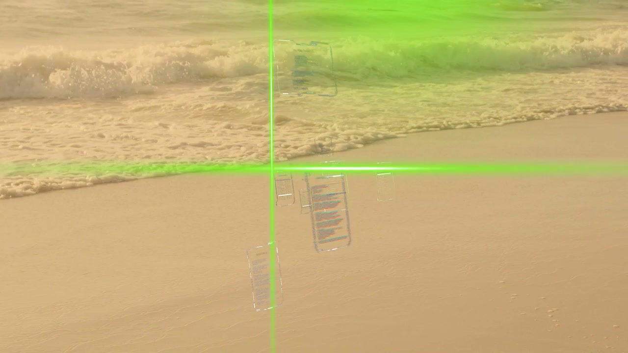 Waves hitting wet sand, HUD shifting, green crosshair centering, cards rotating, showing shore data