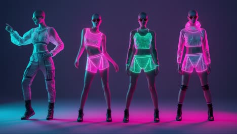 dynamic fashion showcase featuring futuristic models in neon-lit attire, capturing movement and style in a vibrant, colorful atmosphere