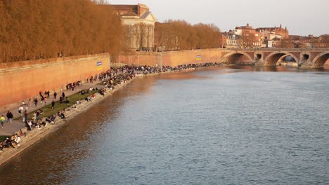 panning view from the pont neuf bridge to the crow enjoying the sunset in the garonne river banks, toulouse, france.