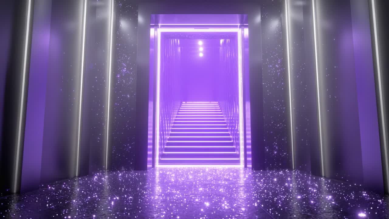 Abstract futuristic corridor leading to an empty stage with purple neon lights and stairs, with sparkling particles floating around, creating a magical and glamorous background for events