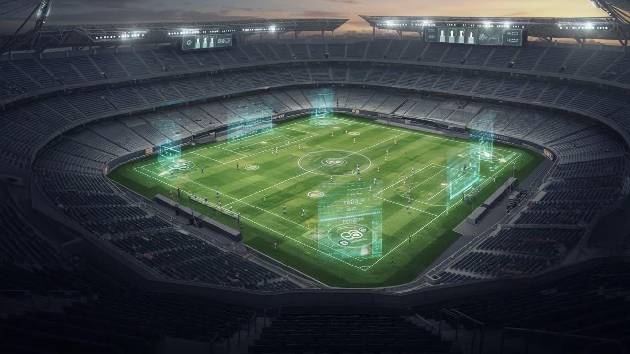 Futuristic Soccer Stadium Visuals with Enhanced Data Graphics Showcasing Player Statistics and Game Dynamics in a Modern Sports Environment