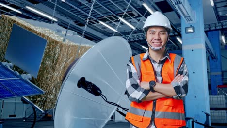 ingeniero que trabaja en antenas parabólicas y sistemas de paneles solares en una instalación