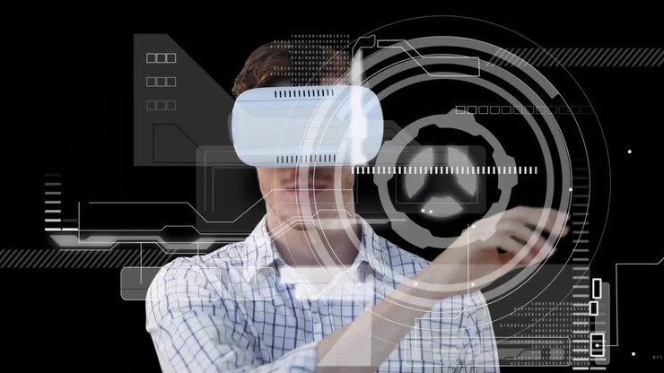 Animazione dell'elaborazione dati su un uomo d'affari caucasico che utilizza un visore VR