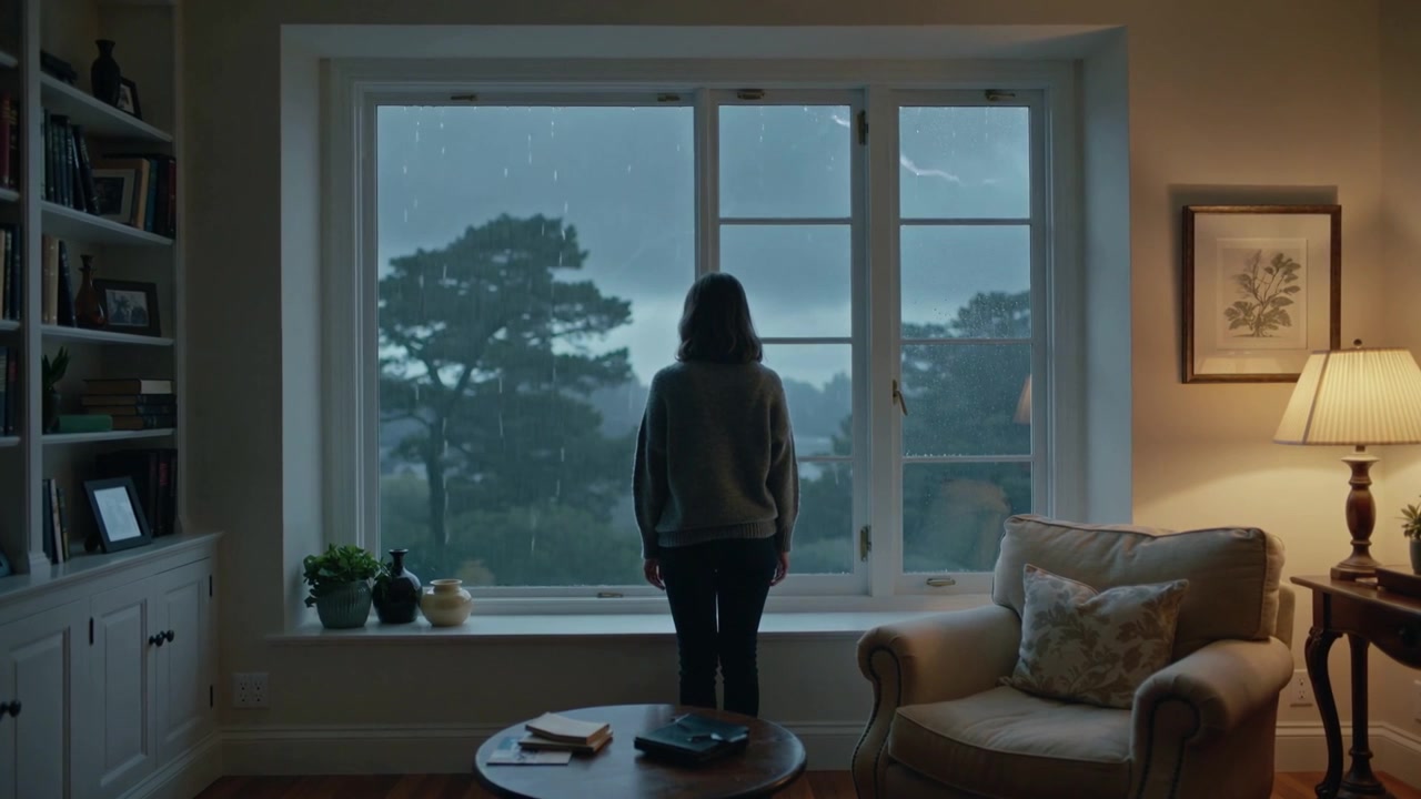 Standing woman watching lightning flash through 3-panel window at home, wearing sweater with tablet