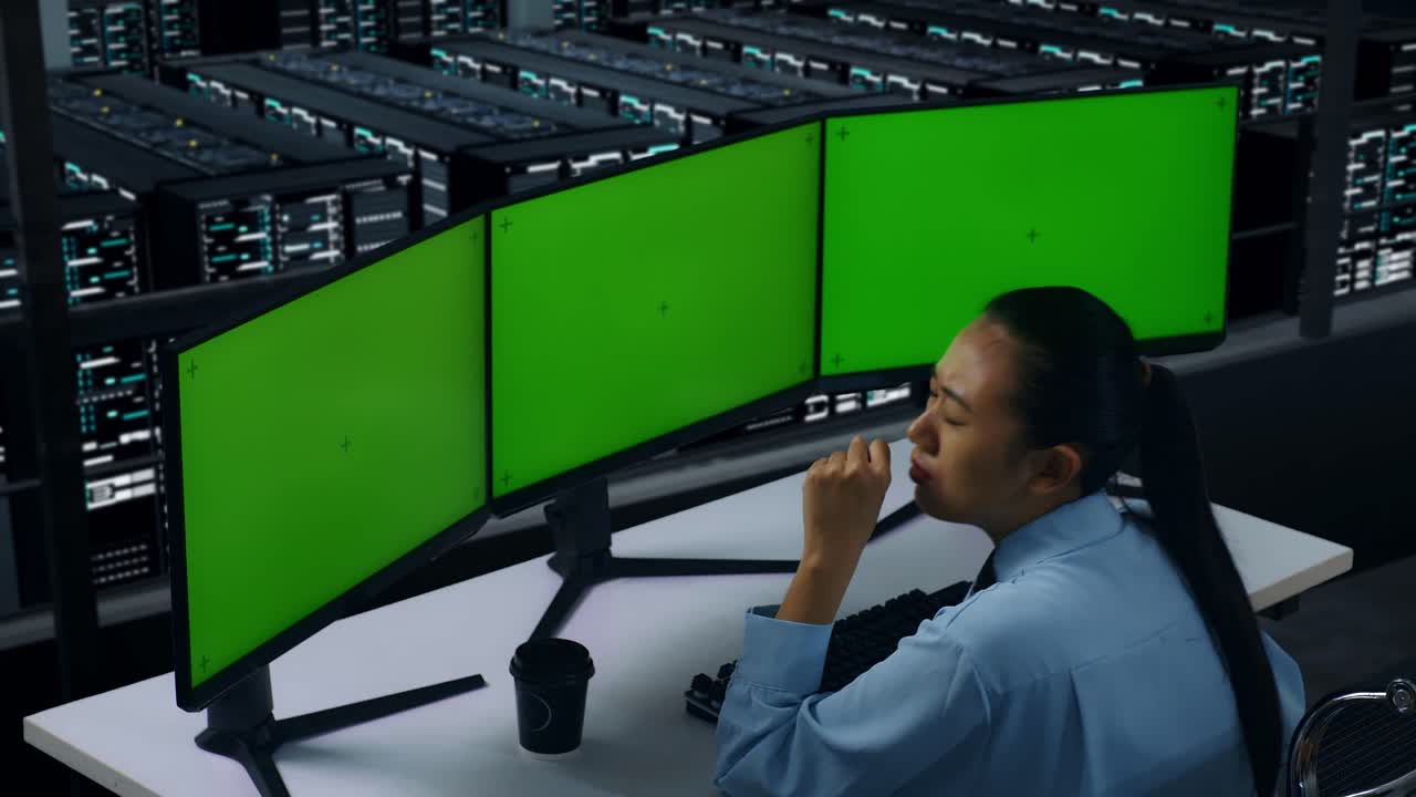 vista laterale di una donna asiatica stanca che sbadiglia prima di andare a dormire mentre lavora con un monitor di computer simulato in un centro dati