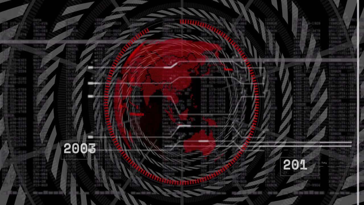 Timeline scrub starting, red globe shifting and pulsing while rings rotating, showing timeline data