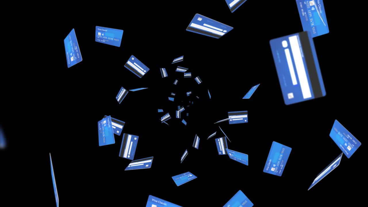 Debit and credit cards rain falling on background consumerism debt household finance shopping online