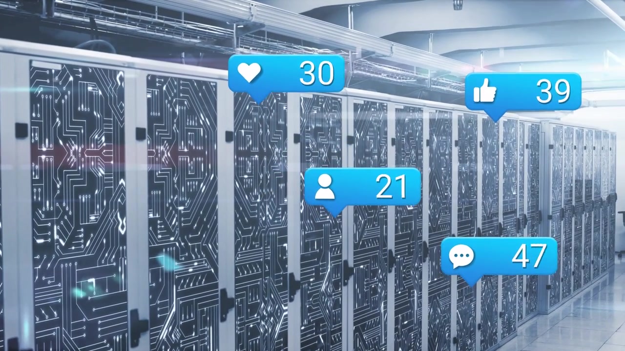 Long server rack row showing badges popping up after single blue bubble, showing engagement growth