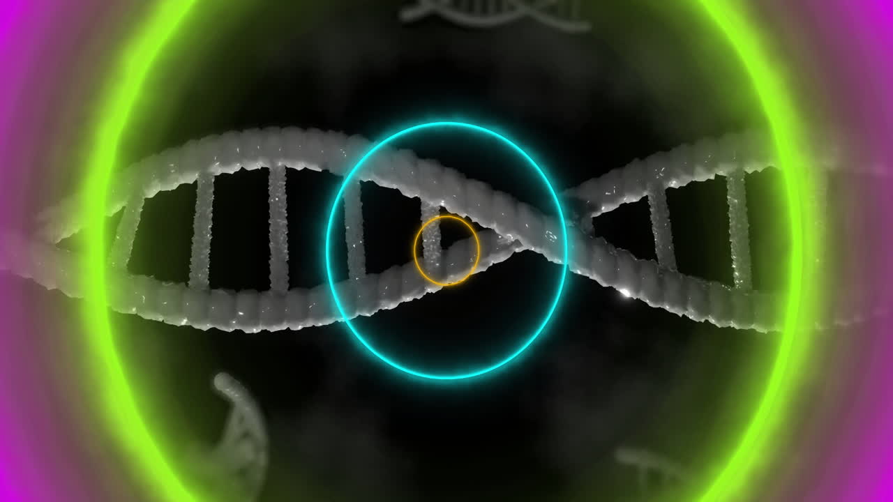 Animation of DNA strand with glowing neon circles in scientific visualization