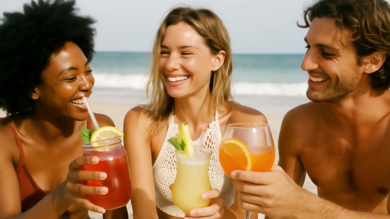 Happy Young Friends Laughing and Drinking Cocktails on the Beach
