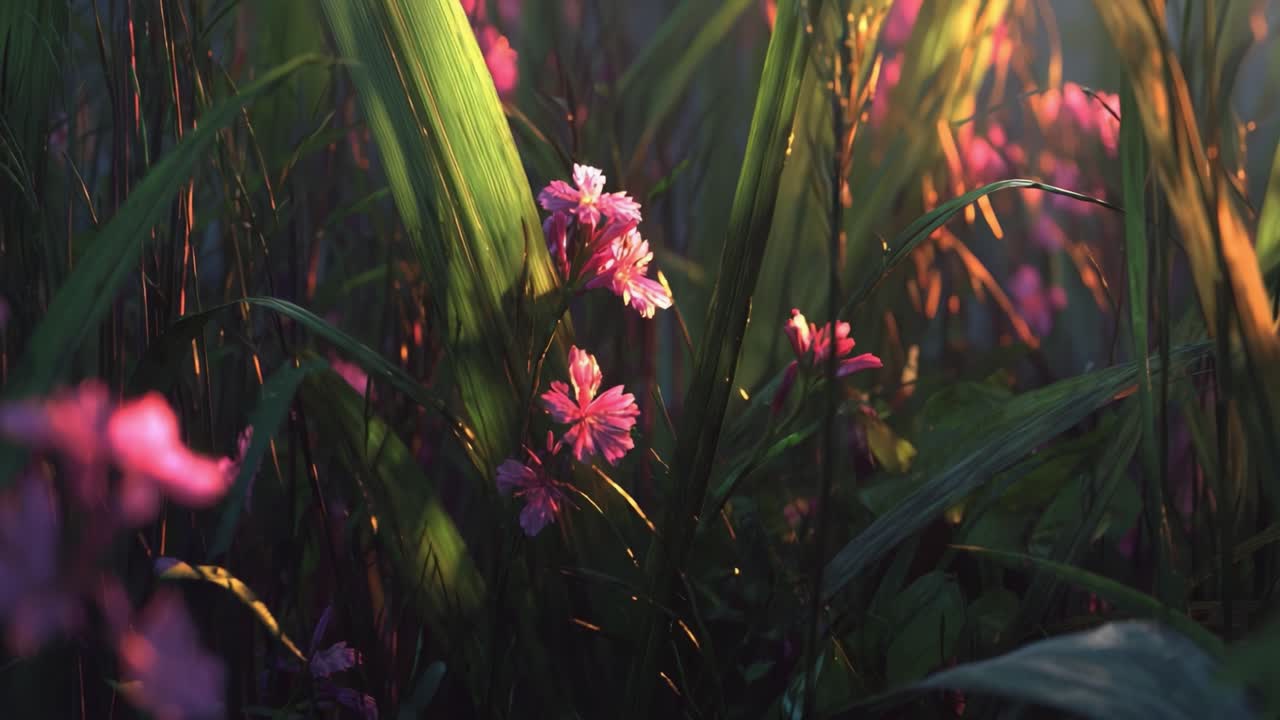 Una scena naturale tranquilla con bellissimi fiori rosa circondati da erba verde lussureggiante, bagnati da una soffice luce serale, che crea un'atmosfera serena e pacifica.