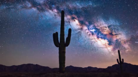milky way galaxy over saguaro cacti in the desert night