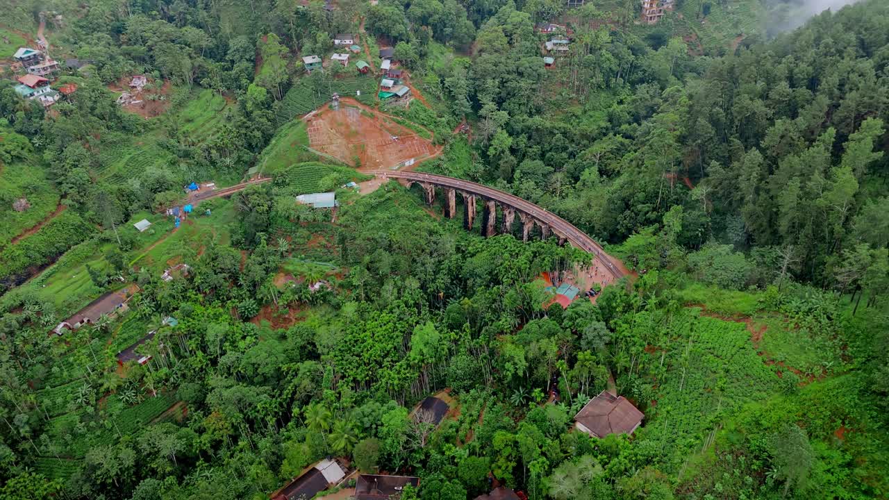 Breathtaking aerial drone footage of a train crossing the iconic Nine Arches Bridge in Ella, Sri Lanka.