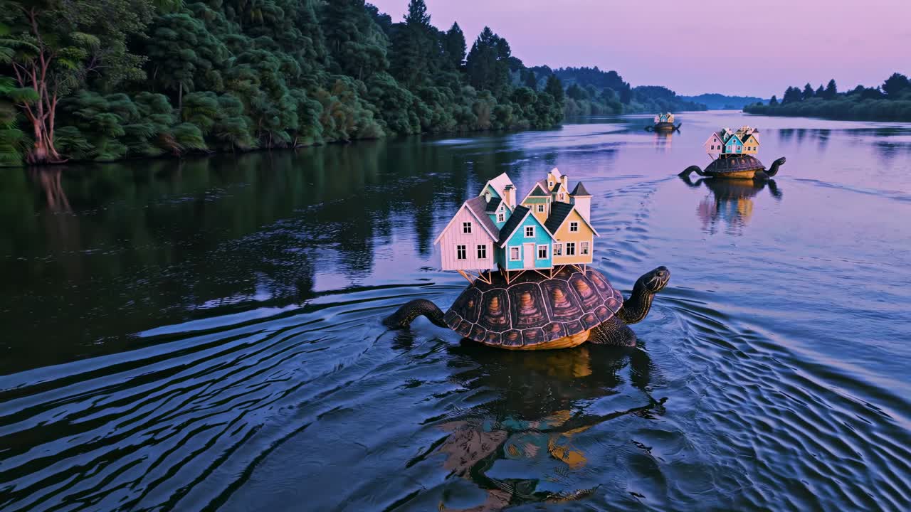 해가 지는 강에서 떠다니는 거북이들의 집