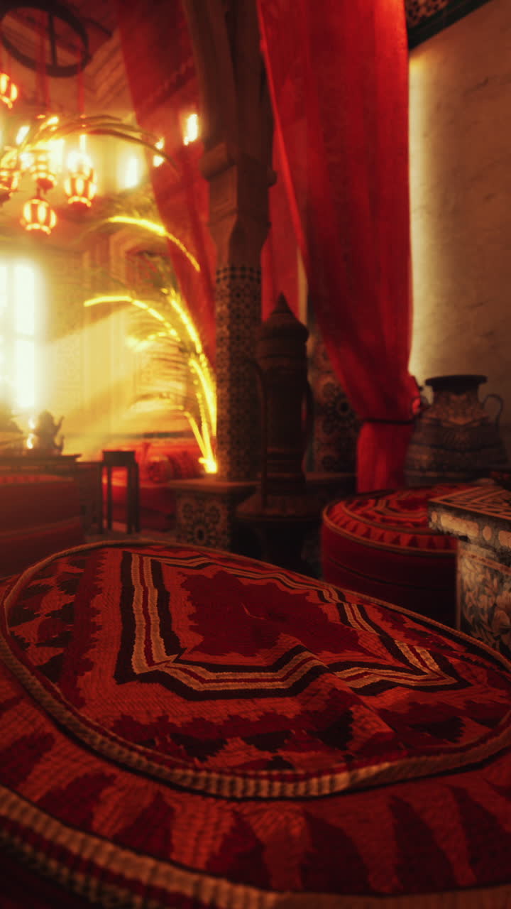 빨간색 커튼과 전통 가구로 된 모로코 인테리어 디자인