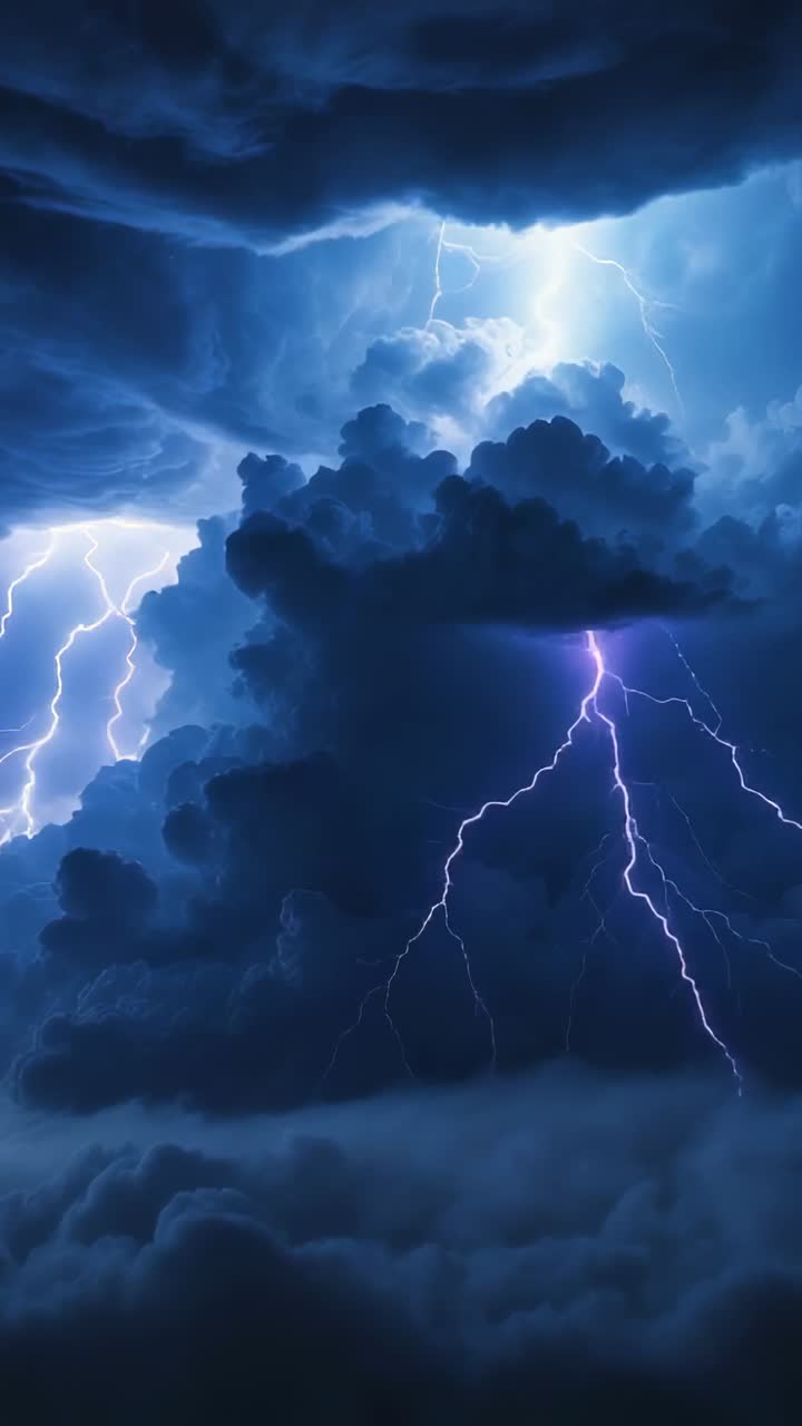 Vertical video: Cumulonimbus cloud pulsing power in sky, sending white flashes and violet forks