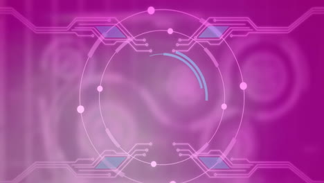 animación de escaneo de alcance y placa de circuito de computadora en fondo púrpura