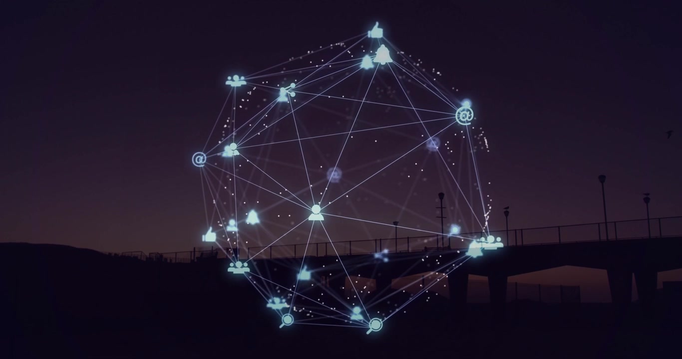 Fading into view at first second, wireframe sphere pulsing icons, rotating, showing digital network
