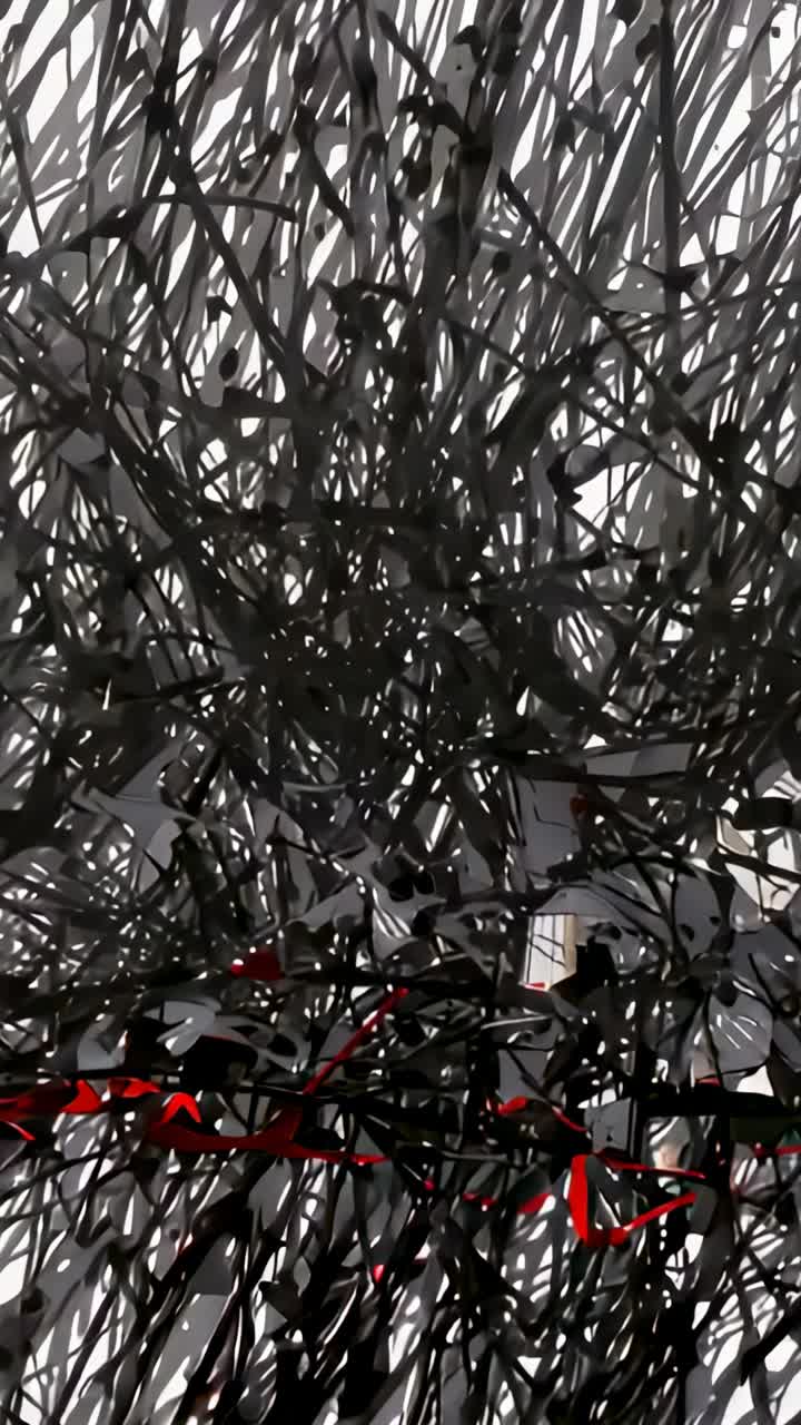 Vertical video: Abstract assemblage staying static in room, with black wire network and red strand