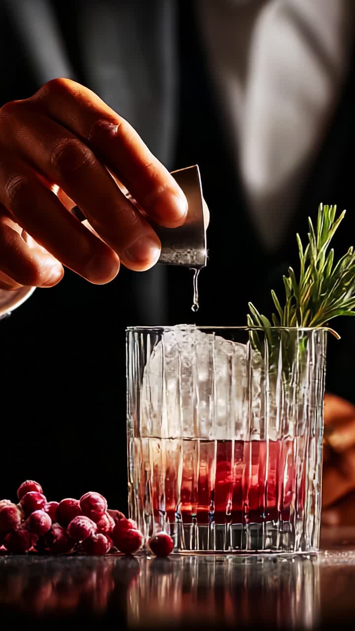 Creazione di un cocktail perfetto: un barista esperto aggiunge il tocco finale a una bevanda aromatica con ghiaccio, guarnizione alle erbe e ingredienti freschi in condizioni di scarsa illuminazione