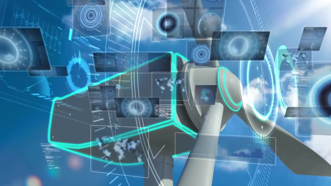 animación del procesamiento de datos con escaneo de alcance sobre la turbina eólica