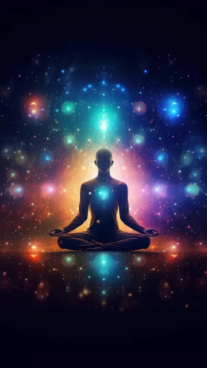 A mystical video concept of a meditating figure surrounded by colorful orbs, captured from a front