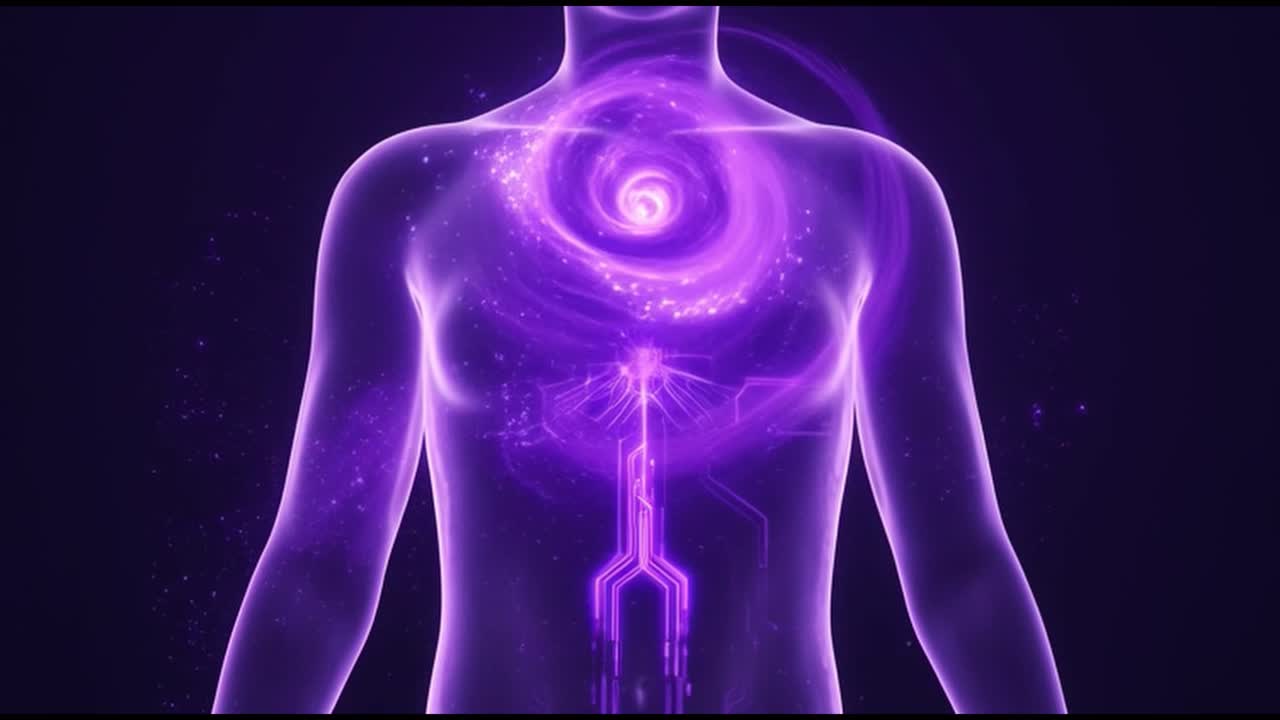 Torso Umano Astratto con Circuiti Luminosi e Flusso di Energia