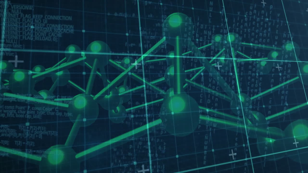 Animation of green molecular structure with binary code on digital grid background