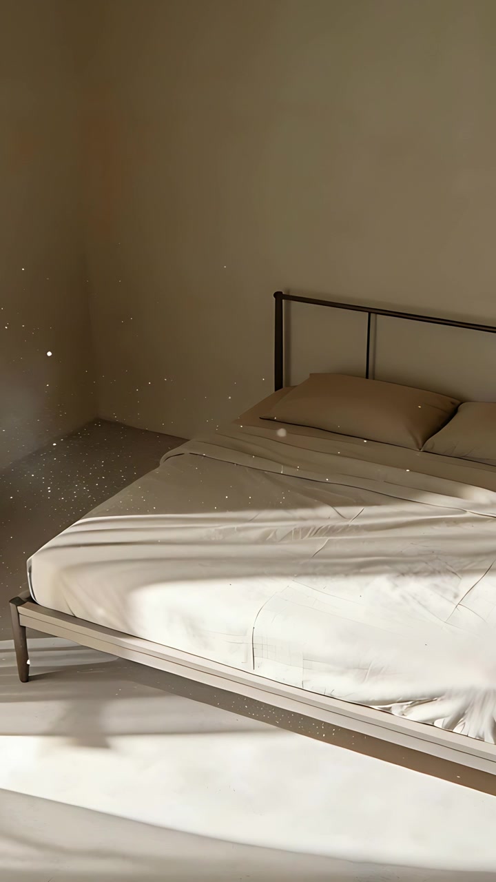 Video verticale: Telecamera in movimento che rivela un letto in metallo e un cuscino beige in camera da letto, dove si vede la polvere.