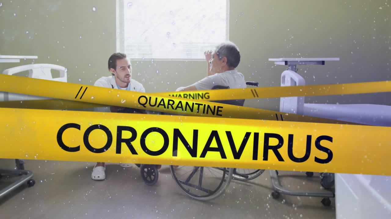 Yellow police tapes with Warning, Coronavirus and Quarantine text against doctor talking to patient