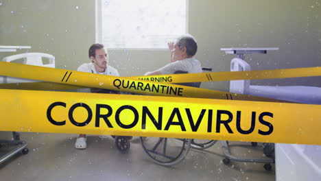 yellow police tapes with warning, coronavirus and quarantine text against doctor talking to patient