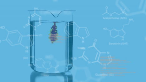 animated lab beaker fills with colored liquid, data and formulas on blue.