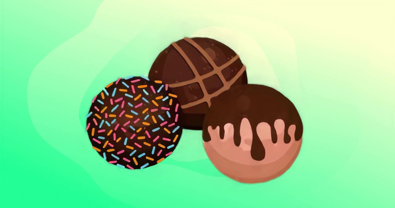 Al caricamento, tre dolcetti al cioccolato che appaiono, mostrando poi disegni di glassa a reticolo con granella.