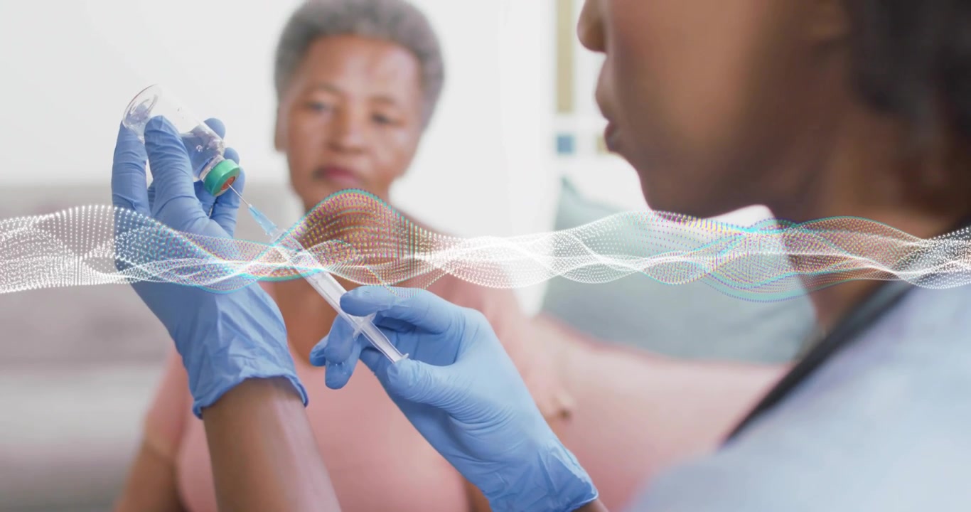 Picking up vial nurse filling syringe in clinic showing animated dosage meter for injection