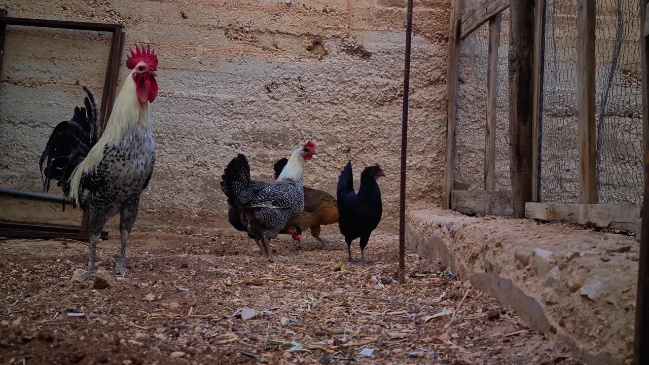 gallo y gallinas caminando en el patio trasero