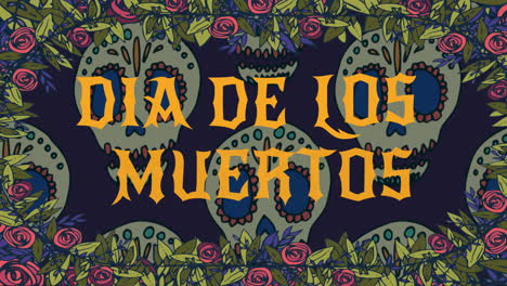 animation of dia de los muertos over decorative skulls in flower frame